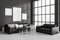 Grey chill room interior with couch and panoramic window, mockup frames
