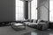 Grey chill room interior with sofa and coffee table, panoramic window