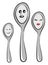 Grey-color pencil drawing of a happy spoon family, vector or color illustration