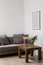 Grey couch, cushions, wooden coffee table and home decor in room