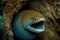 Grey dangerous moray eel opening mouth sit in stone underwater cave