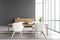 Grey dining room with wooden furniture and commode near window