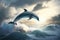 Grey dolphin jumps out of the water over breaking waves. Marine animals wallpaper.