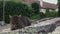 Grey domestic cat lying down on a stone in courtyard