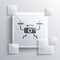 Grey Drone flying icon isolated on grey background. Quadrocopter with video and photo camera symbol. Square glass panels. Vector