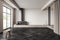 Grey empty room, studio apartment and fireplace, window and stool on dark floor