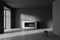 Grey empty studio apartment and fireplace, window and stool on dark floor
