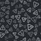 Grey Exclamation mark in triangle icon isolated seamless pattern on black background. Hazard warning sign, careful