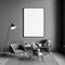 Grey exhibition room interior with armchair and coffee table, mockup poster