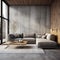 Grey fabric corner sofa in room with concrete and wood paneling walls. Minimalist loft home interior design of modern living room