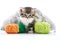 Grey fluffy cute kitties and one brown striped adorable kitten are playing with orange and green yarn balls in white