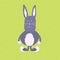 Grey funny cartoon rabbit, hare, bunny on green background.