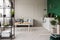 Grey and green open plan kitchen and living room, real photo with copy space on empty wall