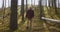 Grey-haired hiker is walking alone in sunny fall forest, strolling between trees, frontal view, hiking