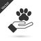 Grey Hands with animals footprint icon isolated on white background. Pet paw in heart. Love to the animals. Vector