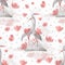 Grey herons, seamless patterns with birds, symbol of the happy family, couple. Valentine`s day greeting card, pastel romantic