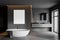Grey honeycomb tile bathroom, tub, sink and poster