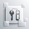 Grey Hotel door lock key with number tag icon isolated on grey background. Square glass panels. Vector