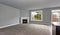 Grey house interior of living room with firwplace and carpet floor.