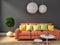 Grey interior with pink sofa. 3d illustration