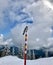 Grey Jay bird perched on frosty pole in winter mountains. Grouse Mountain Ski Area.