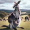 A grey kangaroo, stands tall on a grassy plain. In its pouch, a tiny joey peers out curiously