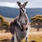 A grey kangaroo, stands tall on a grassy plain. In its pouch, a tiny joey peers out curiously