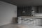 Grey kitchen set interior with table and three seats, kitchenware and mockup