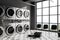 Grey laundry interior with washing machines and chairs near panoramic window