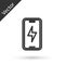 Grey line Smartphone charging battery icon isolated on white background. Phone with a low battery charge. Vector