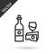 Grey line Wine bottle with glass and cheese icon isolated on white background. Romantic dinner. Vector