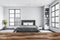 Grey living room blurred with wooden desk