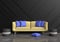 Grey living room are decorated yellow sofa, blue pillows, grey chair, black wood wall