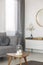 Grey living room interior design with mirror, wooden cabinet and grey grey couch