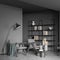 Grey living room with two easy armchairs and shelving