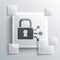 Grey Lock with bitcoin icon isolated on grey background. Cryptocurrency mining, blockchain technology, security, protect