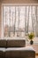 Grey lounge standing in living room interior with big window and
