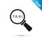 Grey Magnifying glass and taxi car icon isolated on white background. Taxi search. Vector