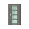 Grey metal door with matte glass, office entrance doorway front with modern secure look