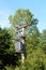 Grey metal electric power transformer with brown ceramic insulators on top mounted on high concrete utility pole