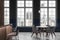 Grey modern cafe interior with bar counter, chairs and table near window