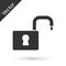 Grey Open padlock icon isolated on white background. Opened lock sign. Cyber security concept. Digital data protection