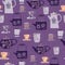 Grey and orange tea ceremony seamless pattern. Doodle cups and teapots ornament on purple background