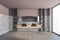 Grey and pink bathroom with black sinks, grey tiled floor and window