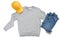 Grey pullover mock up isolation, yellow summer cap and blue denim - mockup isolation over white. Copy space