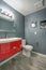 Grey and red bathroom design in a freshly renovated home.