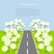 Grey road with white daisies on the green roadside, blue sky, background, vector