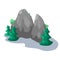 Grey rock and fir tree vector illustration on white background. Tall mountain with firtree. Summer garden park landscape