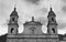 Grey scale low angle shot of the Primary Cathedral of Bogota captured in Colombia