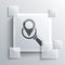Grey Search location icon isolated on grey background. Magnifying glass with pointer sign. Square glass panels. Vector